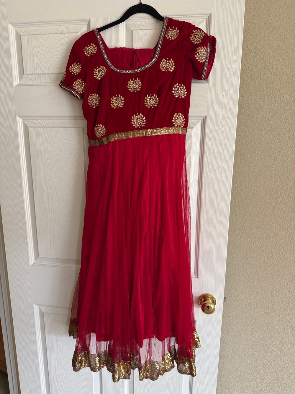 Red Anarkali Party Dress with Gold Trim